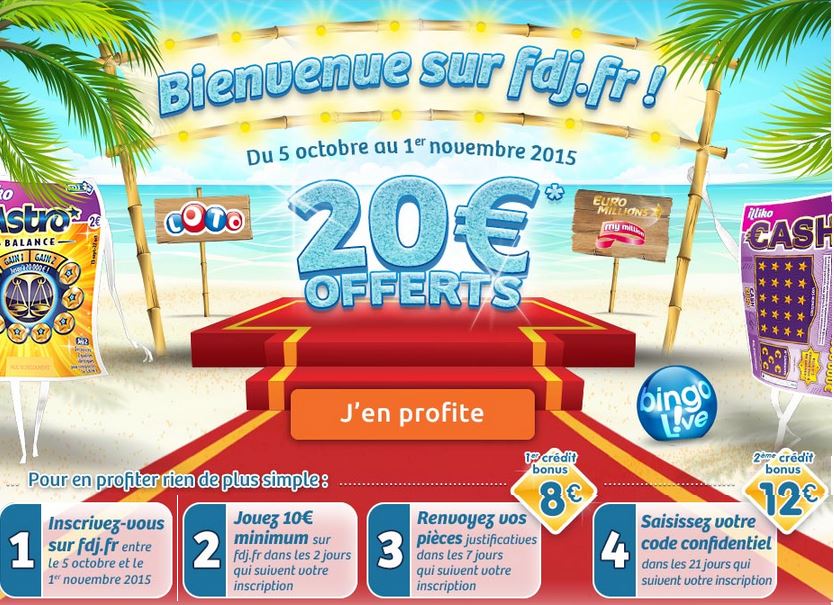 fdj bonus bienvenue 20 euros octobre 2015 euromillions illiko loto bingo
