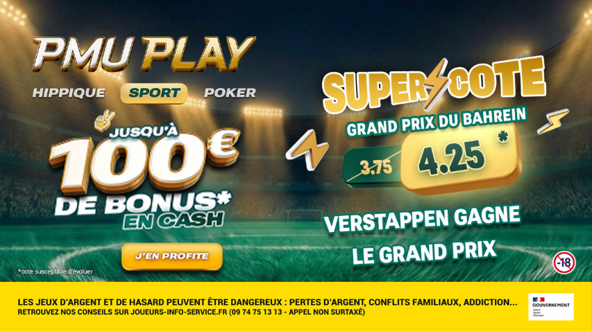 Super Cote⚡PMU PLAY Sport : La cote du pari "Verstappen gagne le GP de Bahrein" passe à 4,25 !