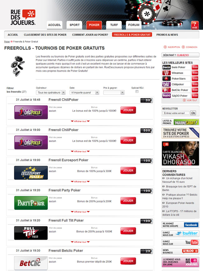 freerolls poker français